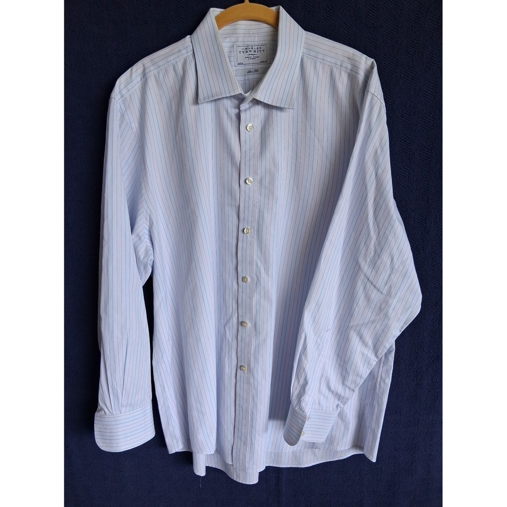 Charles Tyrwhitt Mens 18/37 Slim Fit Button Dress Shirt White Blue Pink Stripe